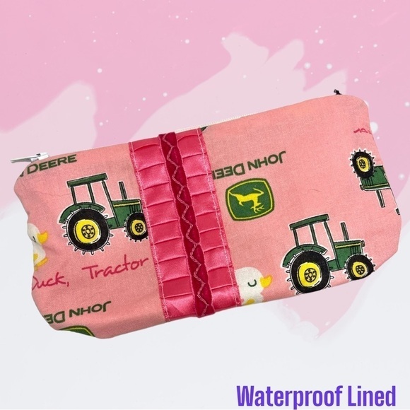 handmade Handbags - Waterproof Make Up Bag Pink John Deere w/ Satin